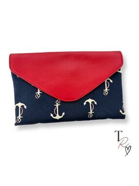 J.Crew Navy Nautical Anchor Print Clutch Chain Strap Bag Coastal Preppy